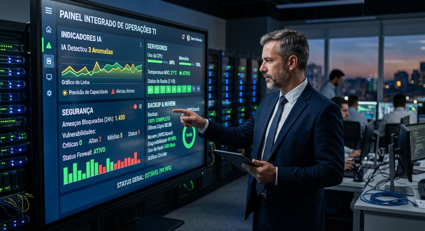 Gestor analisando painel integrado com indicadores de IA, segurança, servidores, backup e nuvem.