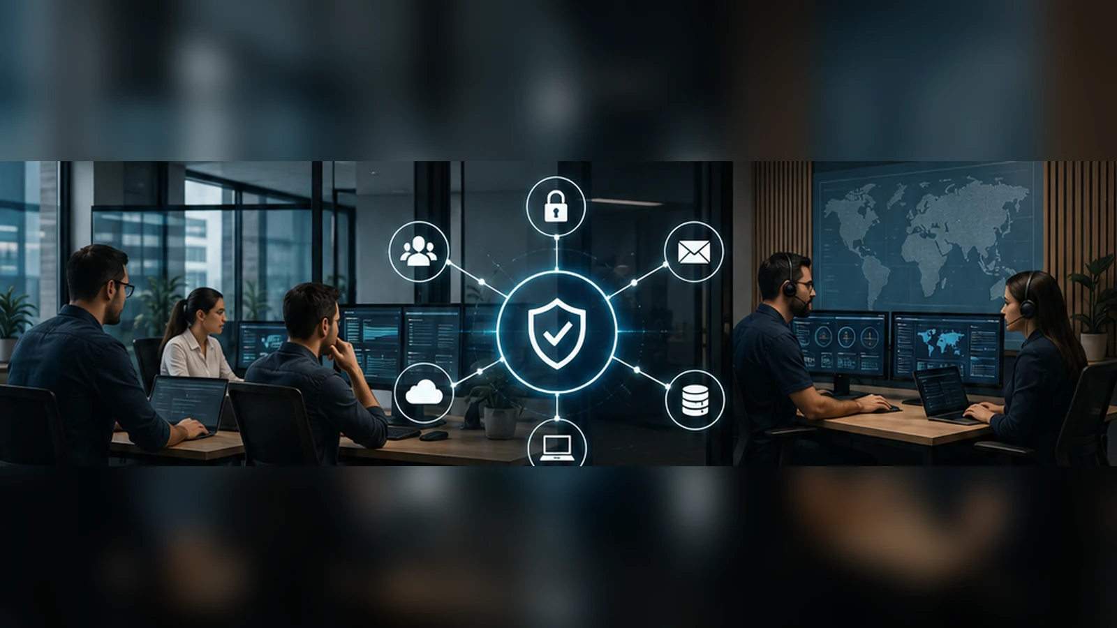 Equipe de TI trabalhando com especialistas em segurança e monitoramento de infraestrutura empresarial.